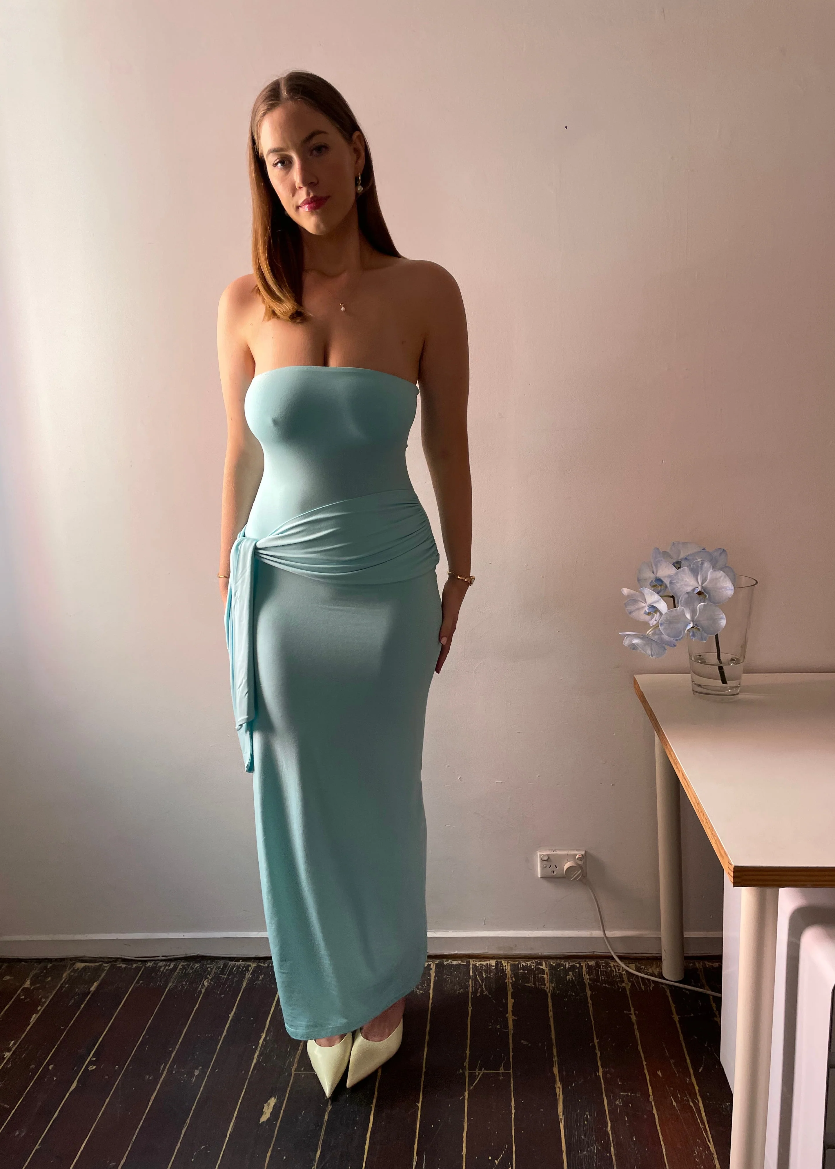Draped strapless bamboo dress - Aquamarine - Image 12