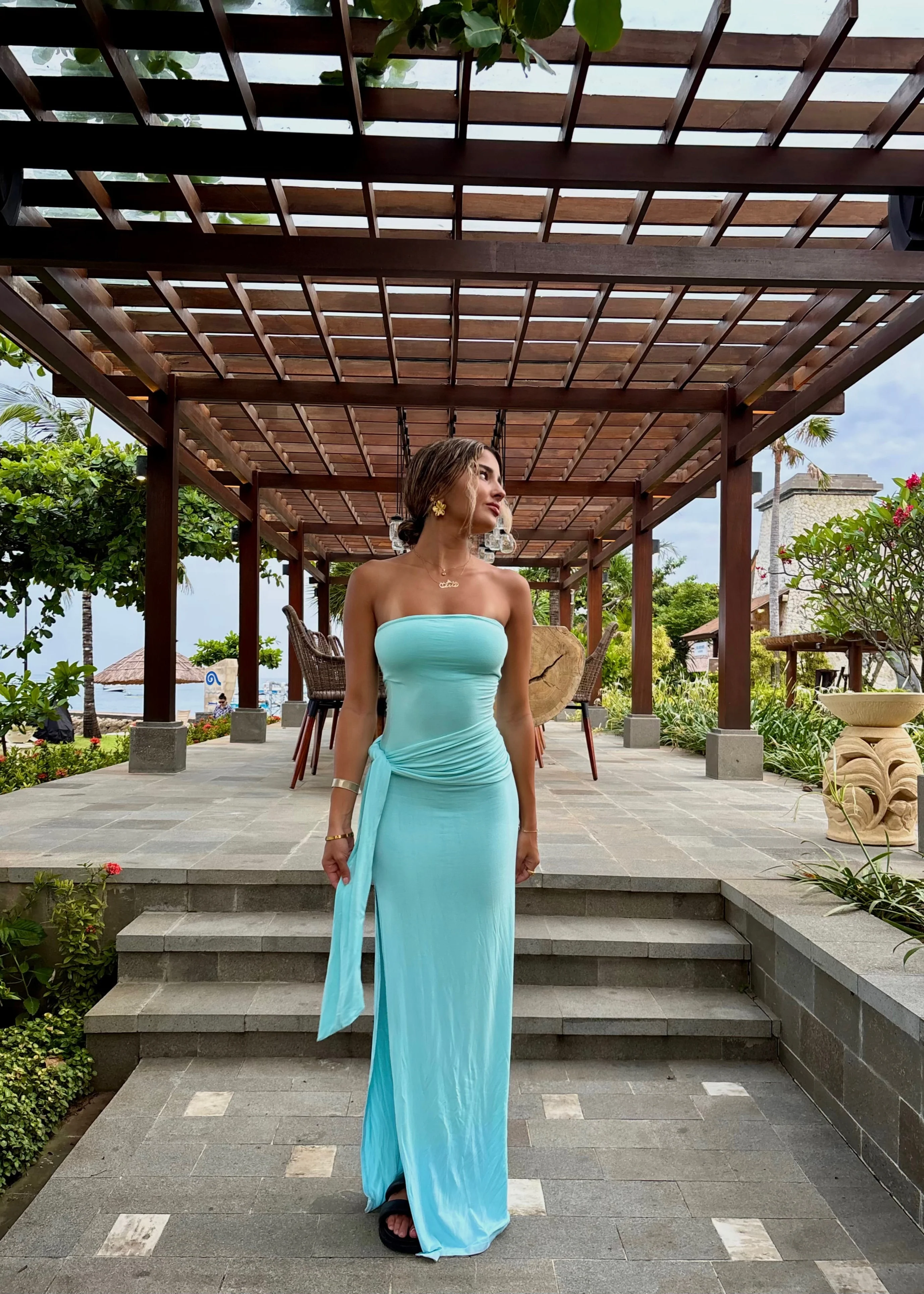 Draped strapless bamboo dress - Aquamarine - Image 3