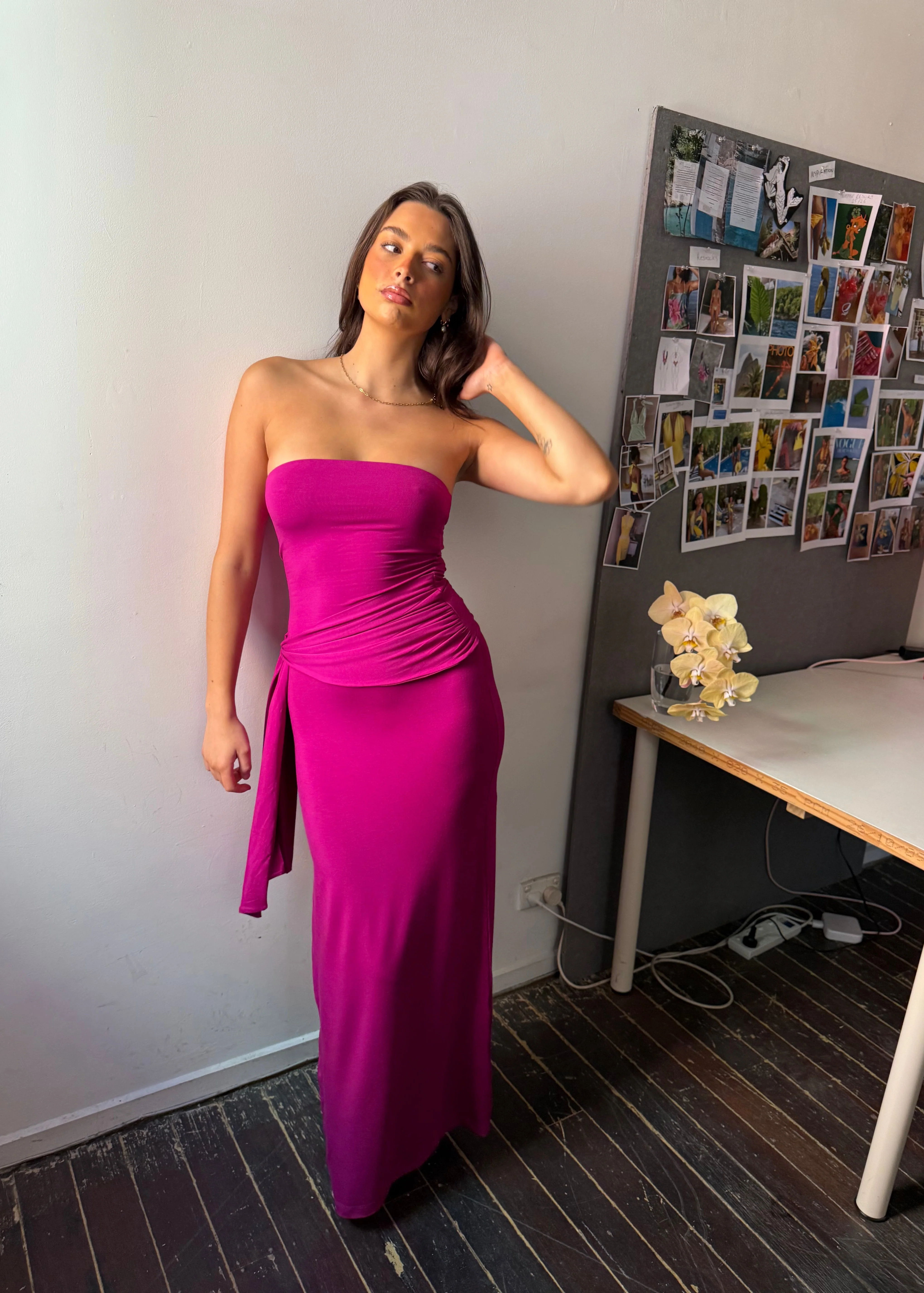 Draped strapless bamboo dress - Magenta - Image 3